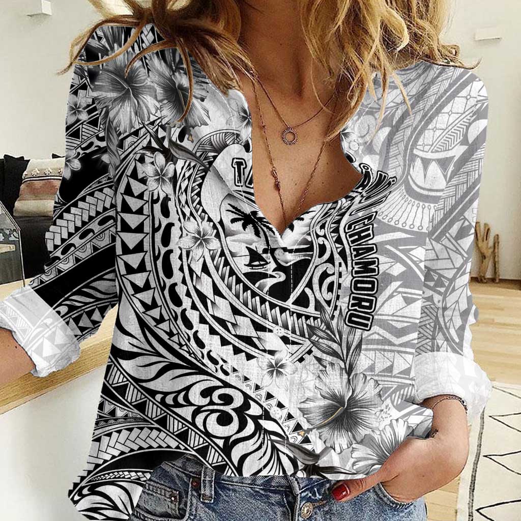 Guam-Land of the Chamorro Women Casual Shirt Polynesian Tattoo Style Hibiscus and Plumeria Art LT03 Female Black - Polynesian Pride