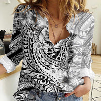 Guam-Land of the Chamorro Women Casual Shirt Polynesian Tattoo Style Hibiscus and Plumeria Art LT03 Female Black - Polynesian Pride