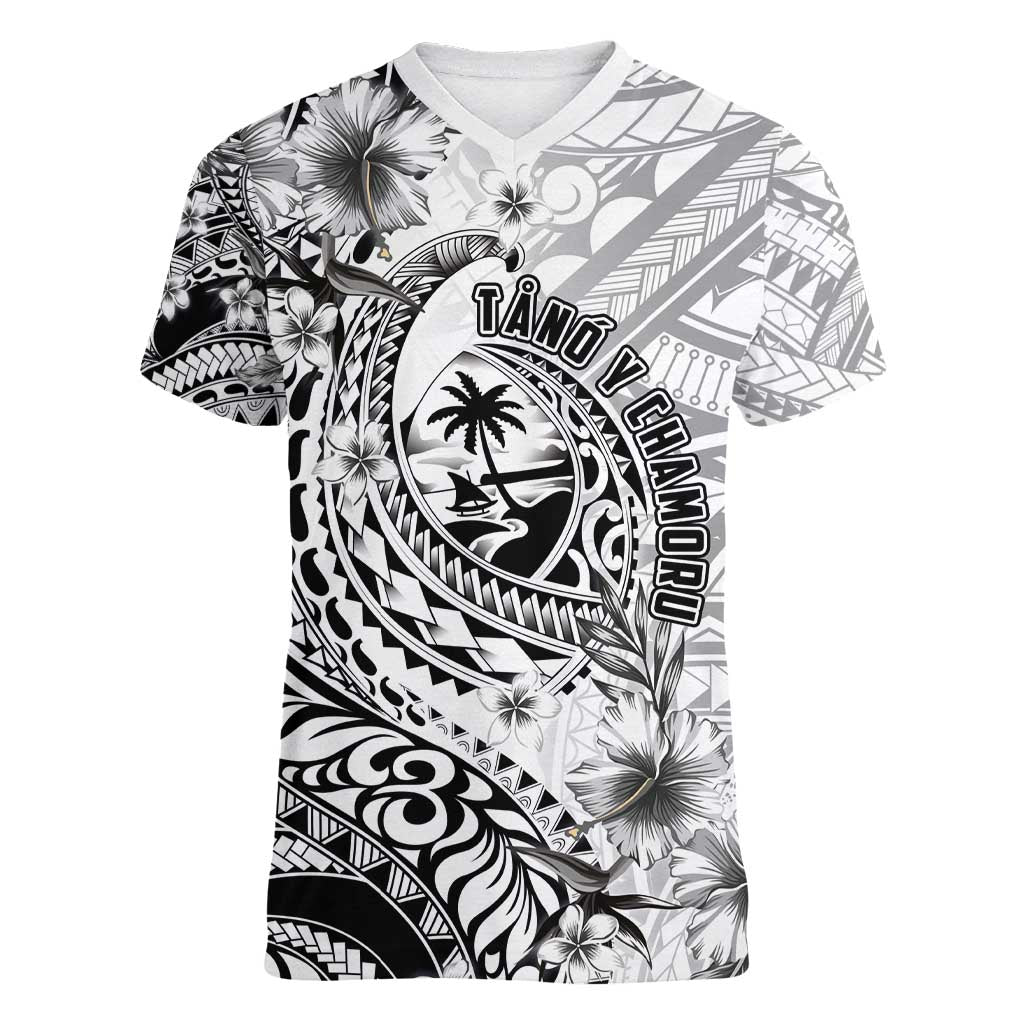 Guam-Land of the Chamorro Women V-Neck T-Shirt Polynesian Tattoo Style Hibiscus and Plumeria Art LT03 Female Black - Polynesian Pride