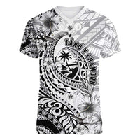 Guam-Land of the Chamorro Women V-Neck T-Shirt Polynesian Tattoo Style Hibiscus and Plumeria Art LT03 Female Black - Polynesian Pride