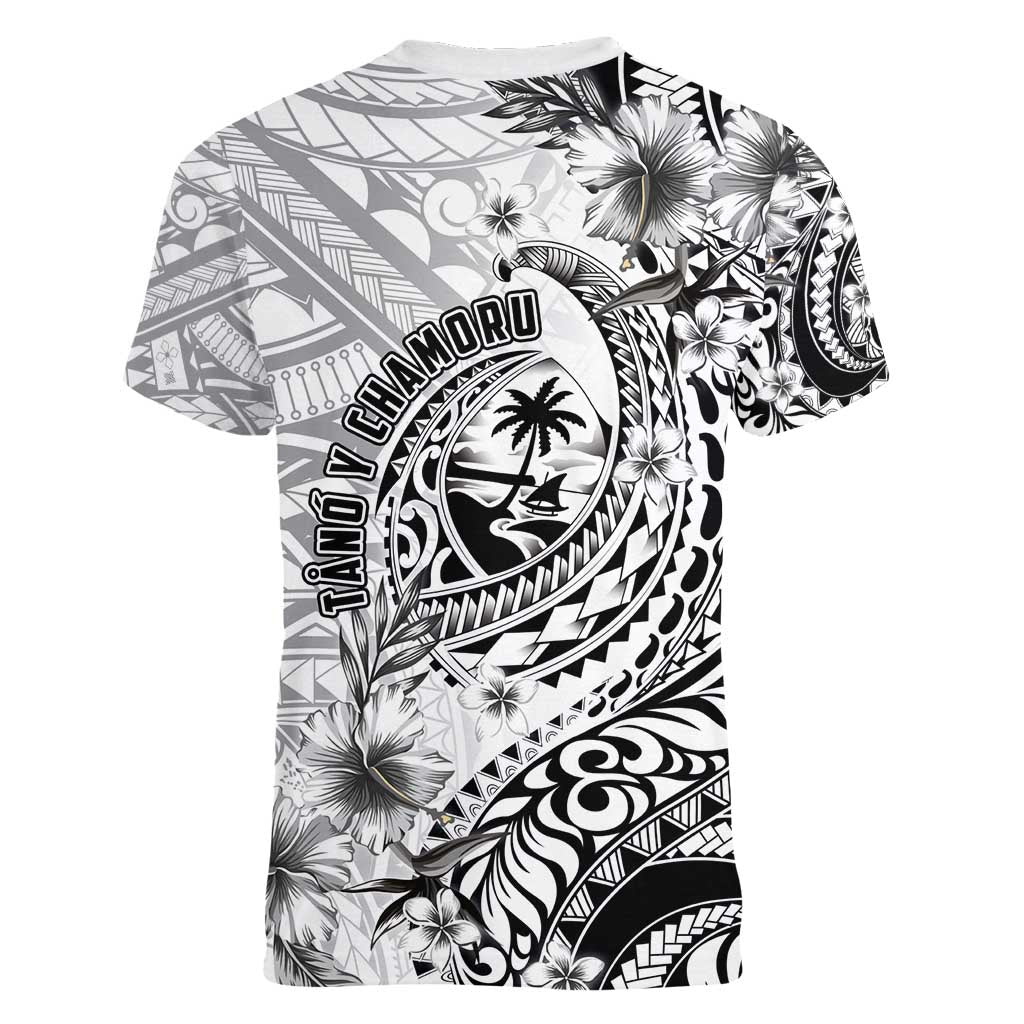 Guam-Land of the Chamorro Women V-Neck T-Shirt Polynesian Tattoo Style Hibiscus and Plumeria Art LT03 - Polynesian Pride