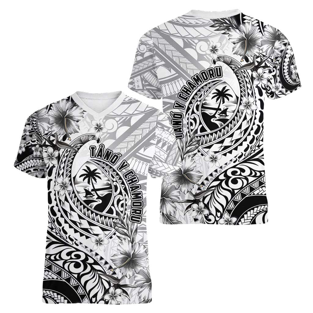 Guam-Land of the Chamorro Women V-Neck T-Shirt Polynesian Tattoo Style Hibiscus and Plumeria Art LT03 - Polynesian Pride