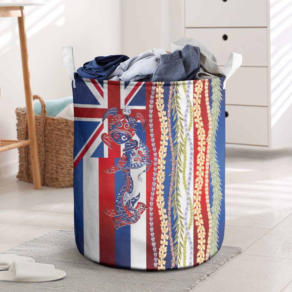 Hawaiian Sea Animals Laundry Basket with Lei and Flag Style