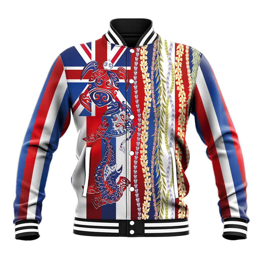 Hawaiian Sea Animals Baseball Jacket with Lei and Flag Style