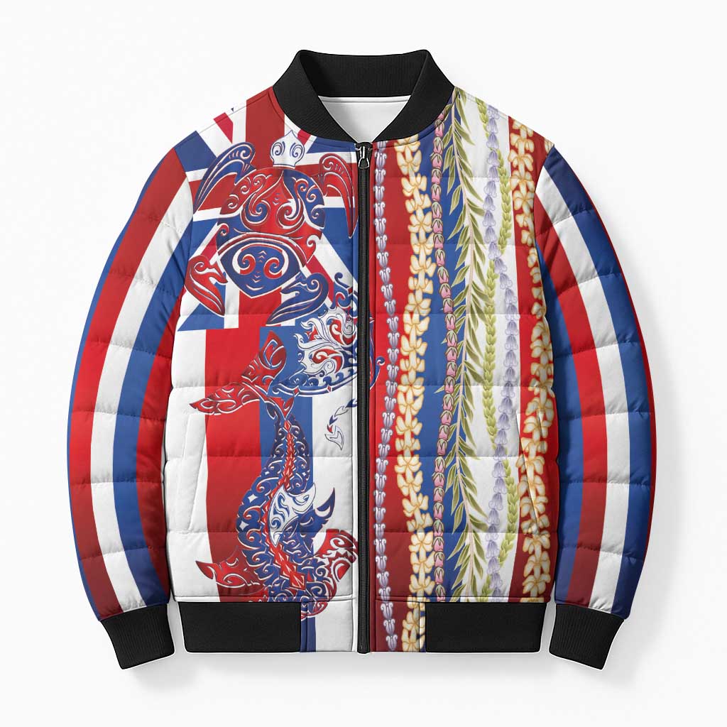 Hawaiian Sea Animals Bomber Puffer Jacket with Lei and Flag Style