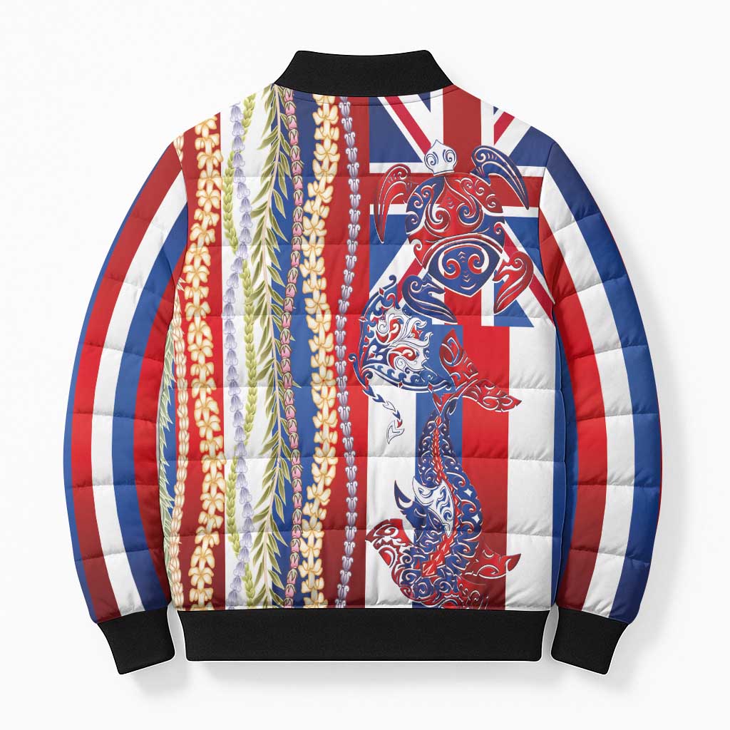 Hawaiian Sea Animals Bomber Puffer Jacket with Lei and Flag Style