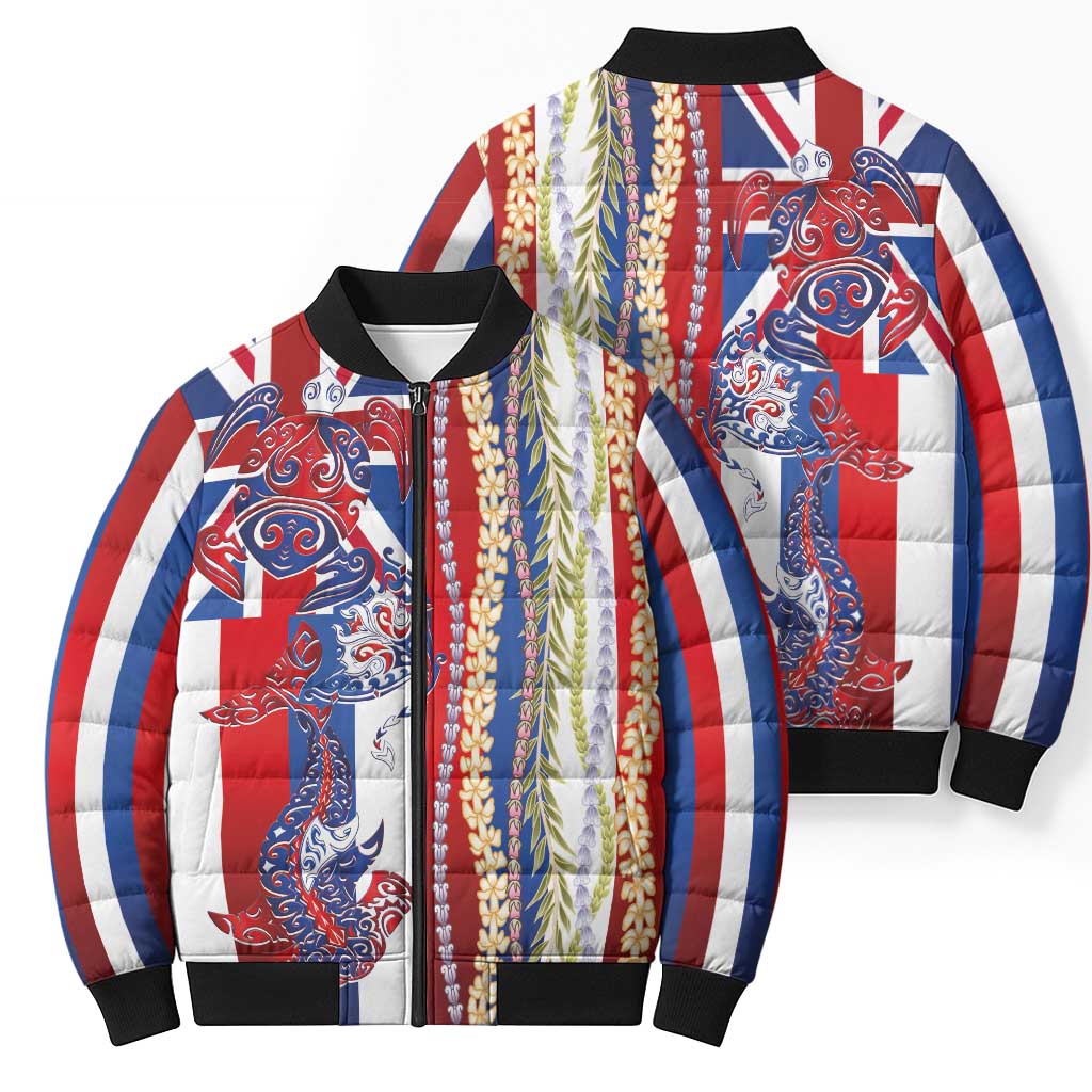 Hawaiian Sea Animals Bomber Puffer Jacket with Lei and Flag Style