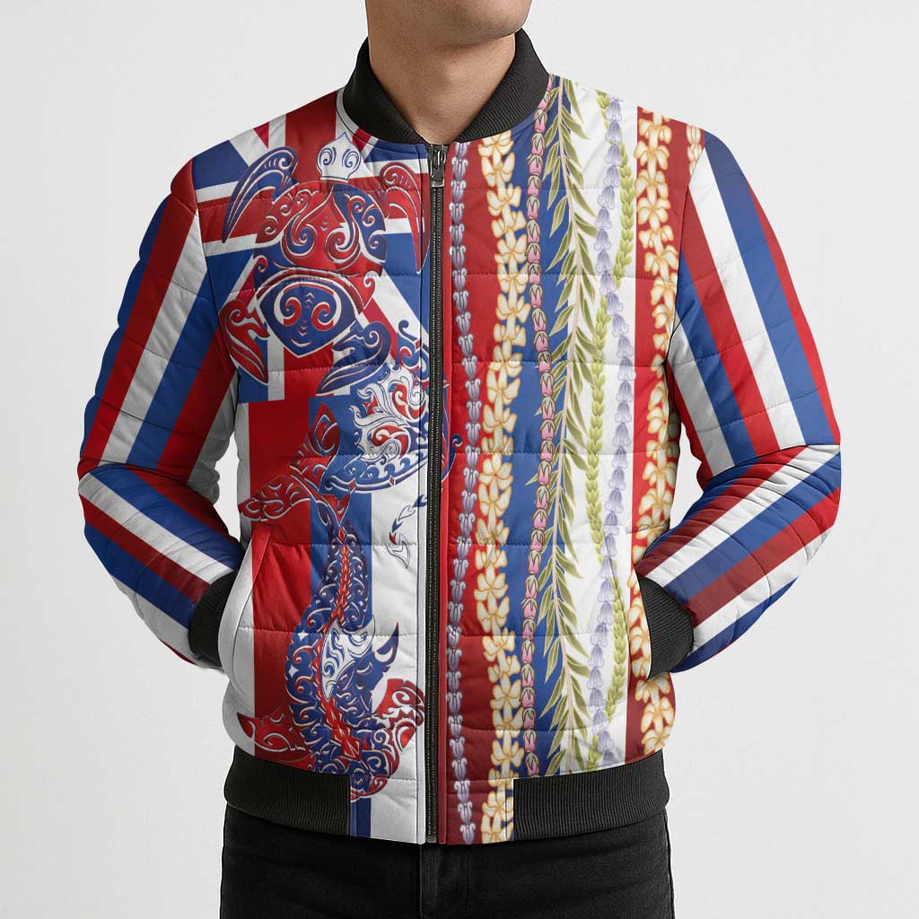 Hawaiian Sea Animals Bomber Puffer Jacket with Lei and Flag Style