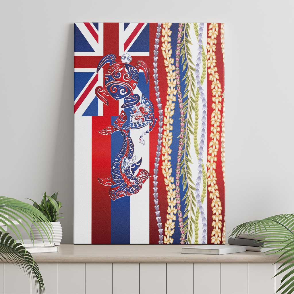 Hawaiian Sea Animals Canvas Wall Art with Lei and Flag Style