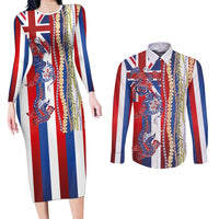 Hawaiian Sea Animals Couples Matching Long Sleeve Bodycon Dress and Long Sleeve Button Shirt with Lei and Flag Style LT03 Multicolor - Polynesian Pride