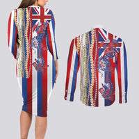 Hawaiian Sea Animals Couples Matching Long Sleeve Bodycon Dress and Long Sleeve Button Shirt with Lei and Flag Style LT03 - Polynesian Pride