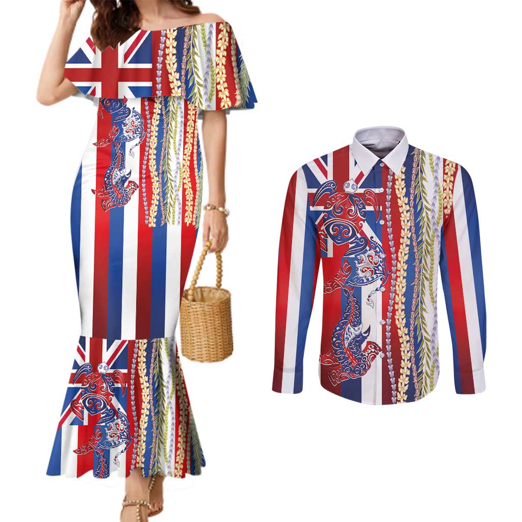 Hawaiian Sea Animals Couples Matching Mermaid Dress and Long Sleeve Button Shirt with Lei and Flag Style LT03 Multicolor - Polynesian Pride