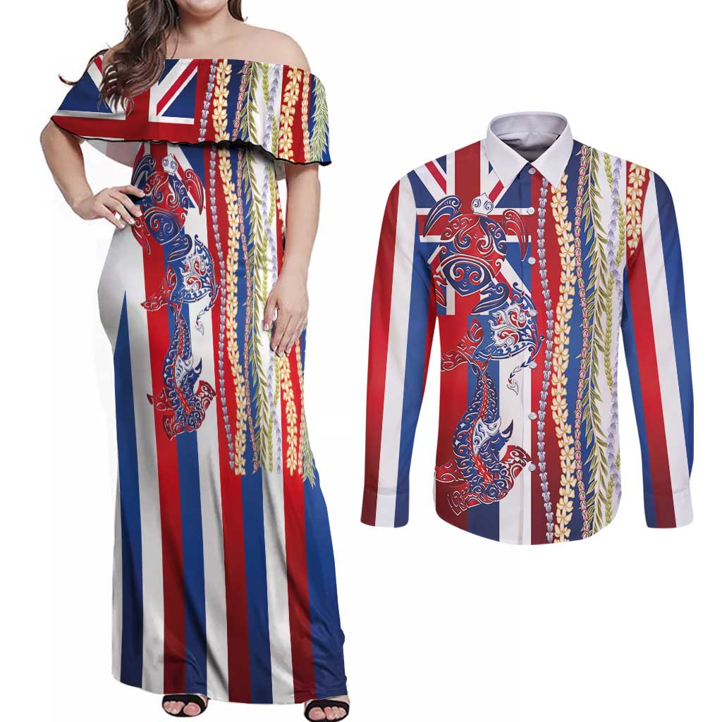 Hawaiian Sea Animals Couples Matching Off Shoulder Maxi Dress and Long Sleeve Button Shirt with Lei and Flag Style LT03 Multicolor - Polynesian Pride