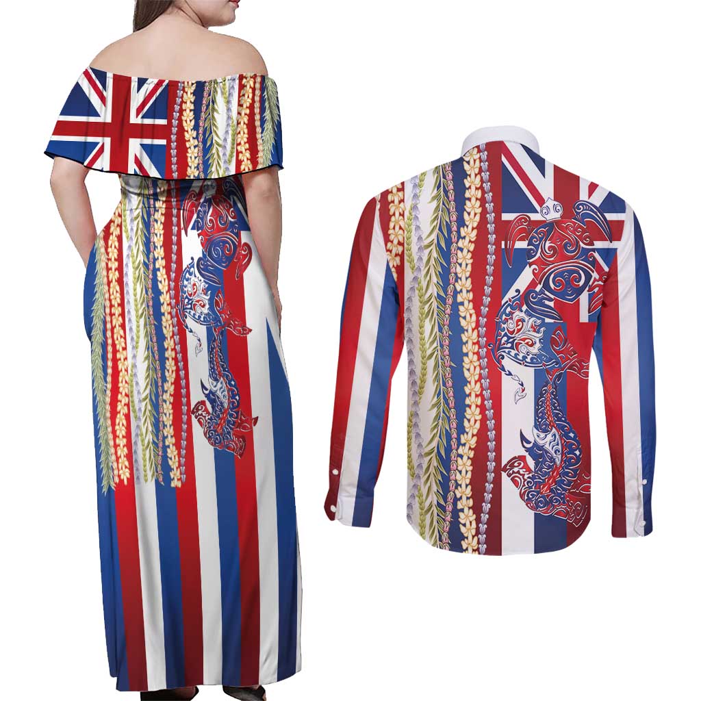 Hawaiian Sea Animals Couples Matching Off Shoulder Maxi Dress and Long Sleeve Button Shirt with Lei and Flag Style LT03 - Polynesian Pride