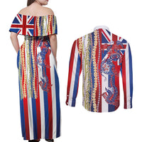 Hawaiian Sea Animals Couples Matching Off Shoulder Maxi Dress and Long Sleeve Button Shirt with Lei and Flag Style LT03 - Polynesian Pride