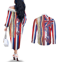 Hawaiian Sea Animals Couples Matching Off The Shoulder Long Sleeve Dress and Long Sleeve Button Shirt with Lei and Flag Style LT03 - Polynesian Pride