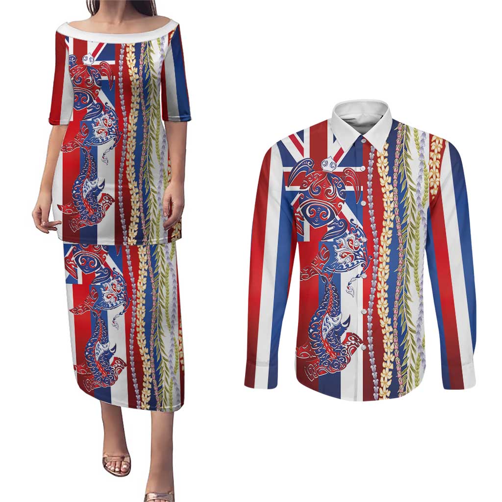 Hawaiian Sea Animals Couples Matching Puletasi and Long Sleeve Button Shirt with Lei and Flag Style LT03 Multicolor - Polynesian Pride