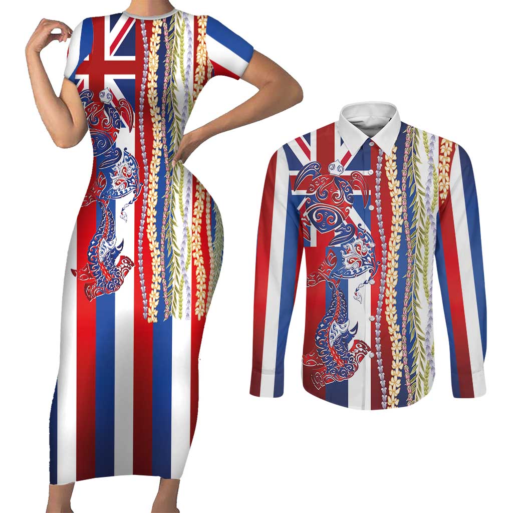Hawaiian Sea Animals Couples Matching Short Sleeve Bodycon Dress and Long Sleeve Button Shirt with Lei and Flag Style LT03 Multicolor - Polynesian Pride