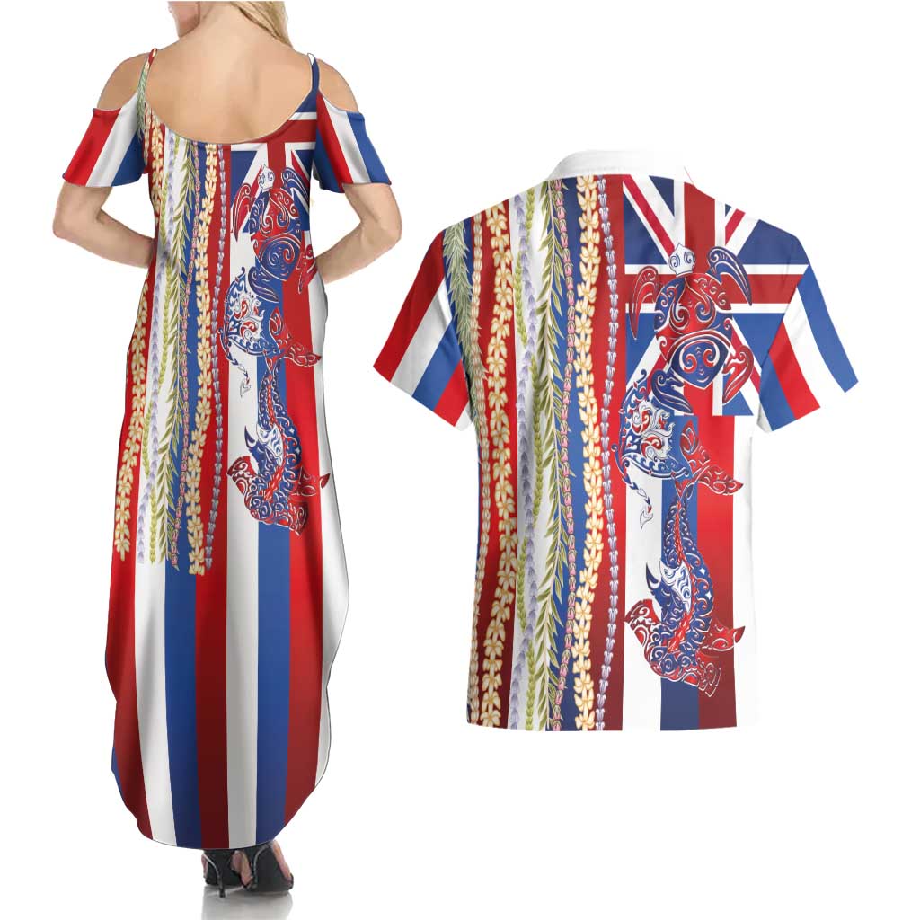 Hawaiian Sea Animals Couples Matching Summer Maxi Dress and Hawaiian Shirt with Lei and Flag Style LT03 - Polynesian Pride