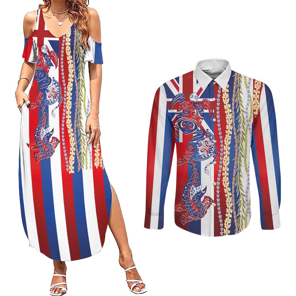 Hawaiian Sea Animals Couples Matching Summer Maxi Dress and Long Sleeve Button Shirt with Lei and Flag Style LT03 Multicolor - Polynesian Pride