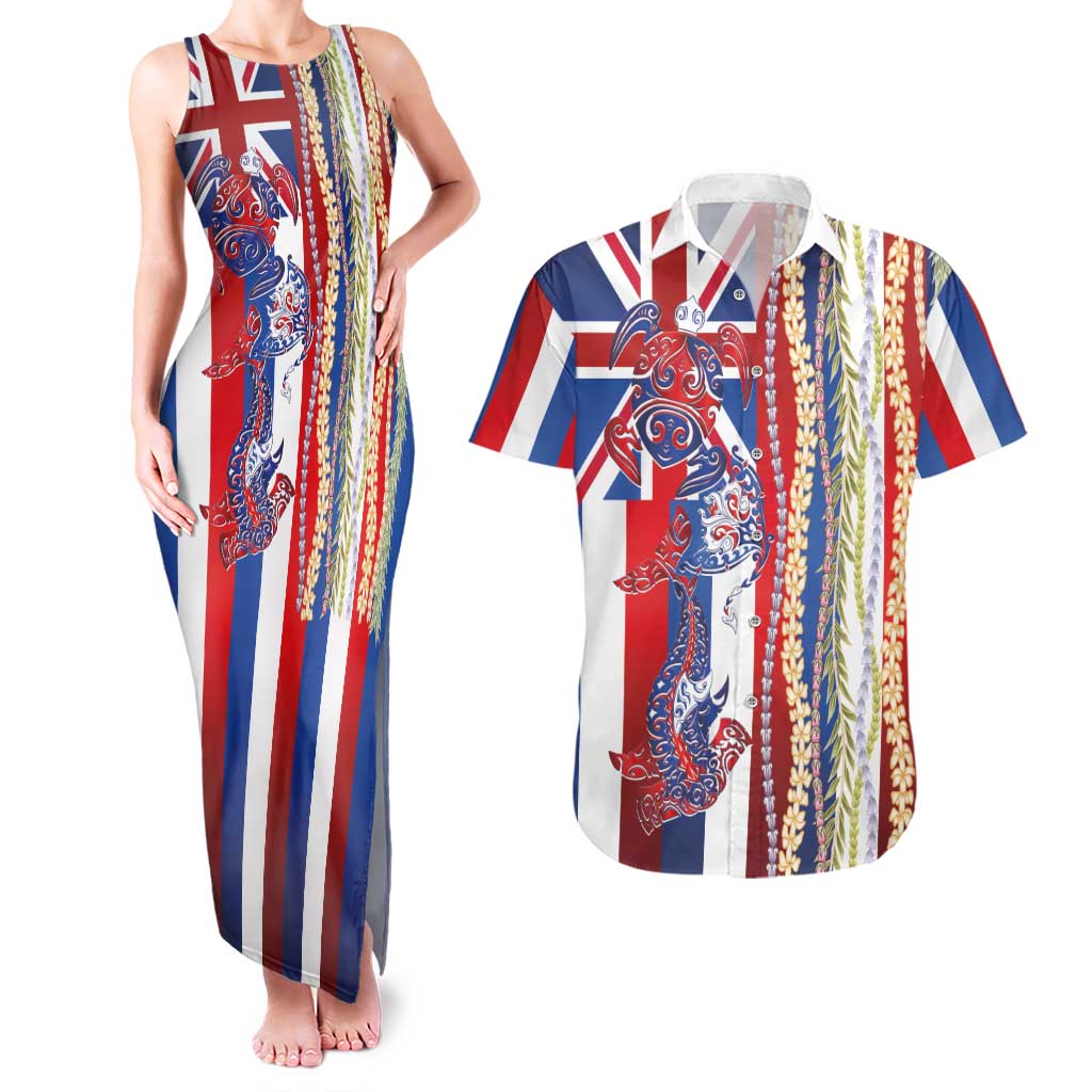 Hawaiian Sea Animals Couples Matching Tank Maxi Dress and Hawaiian Shirt with Lei and Flag Style LT03 Multicolor - Polynesian Pride