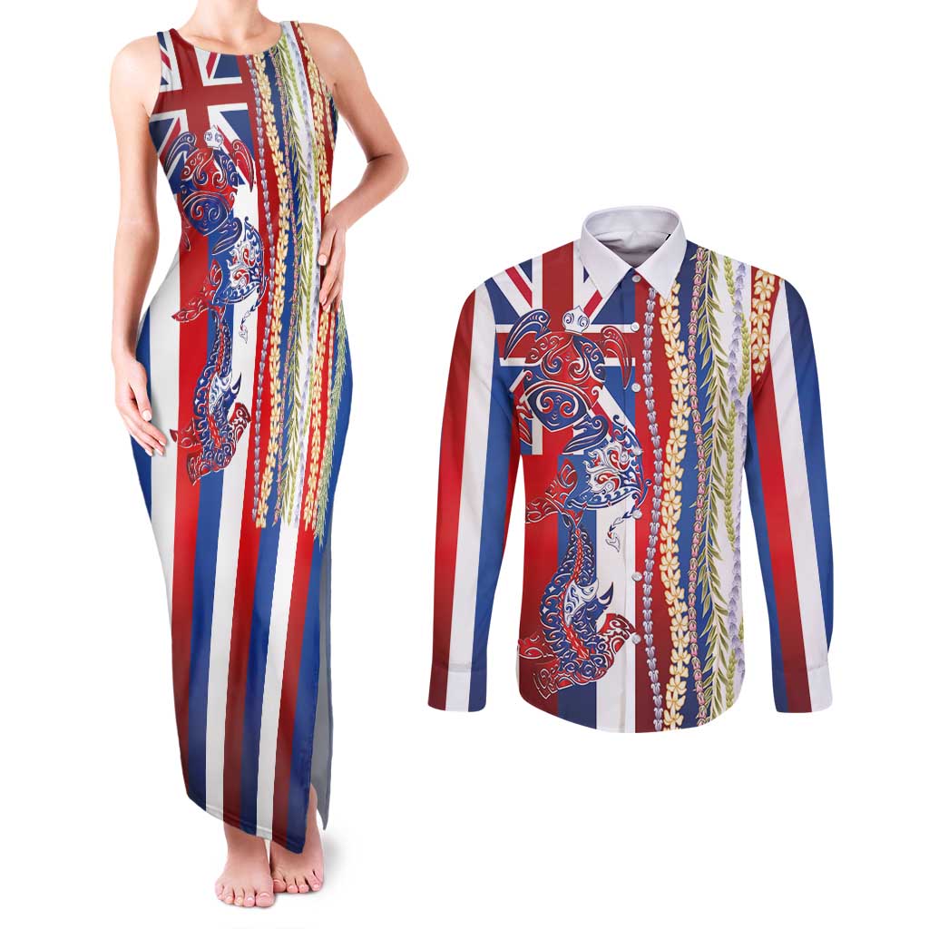 Hawaiian Sea Animals Couples Matching Tank Maxi Dress and Long Sleeve Button Shirt with Lei and Flag Style LT03 Multicolor - Polynesian Pride