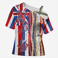 Hawaiian Sea Animals Cross Shoulder Shirt with Lei and Flag Style