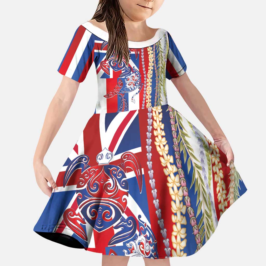 Hawaiian Sea Animals Family Matching Long Sleeve Bodycon Dress and Hawaiian Shirt with Lei and Flag Style LT03 Daughter's Dress Multicolor - Polynesian Pride