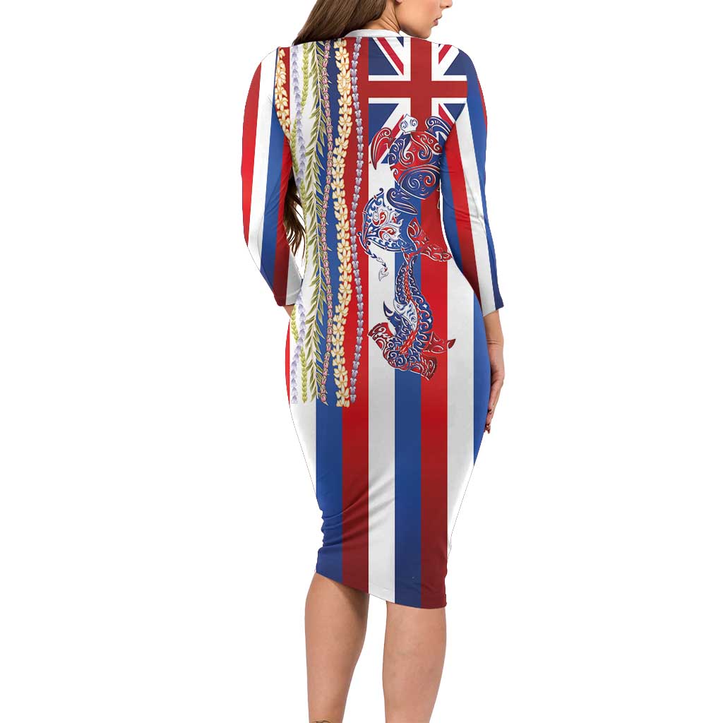 Hawaiian Sea Animals Family Matching Long Sleeve Bodycon Dress and Hawaiian Shirt with Lei and Flag Style LT03 - Polynesian Pride