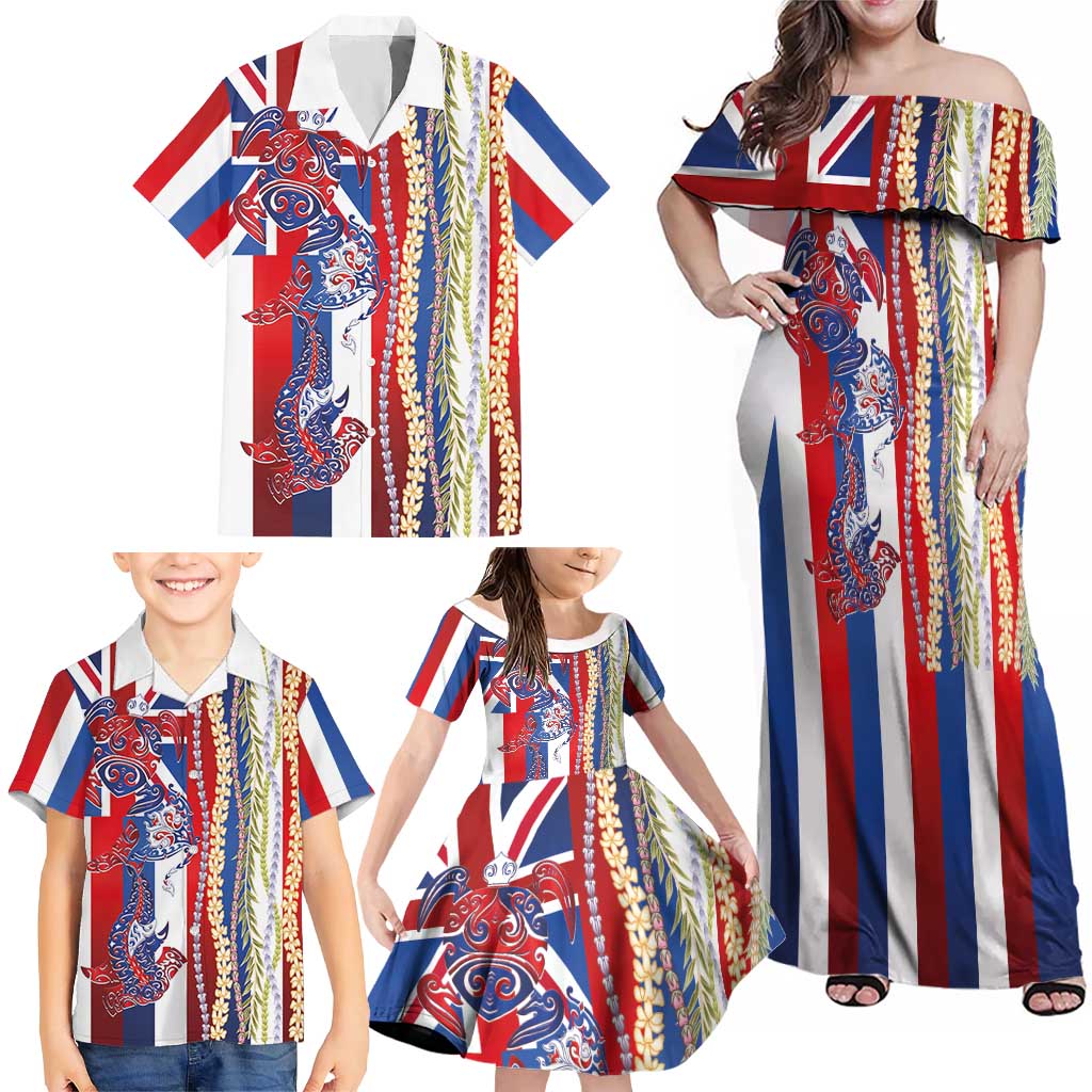 Hawaiian Sea Animals Family Matching Off Shoulder Maxi Dress and Hawaiian Shirt with Lei and Flag Style LT03 - Polynesian Pride