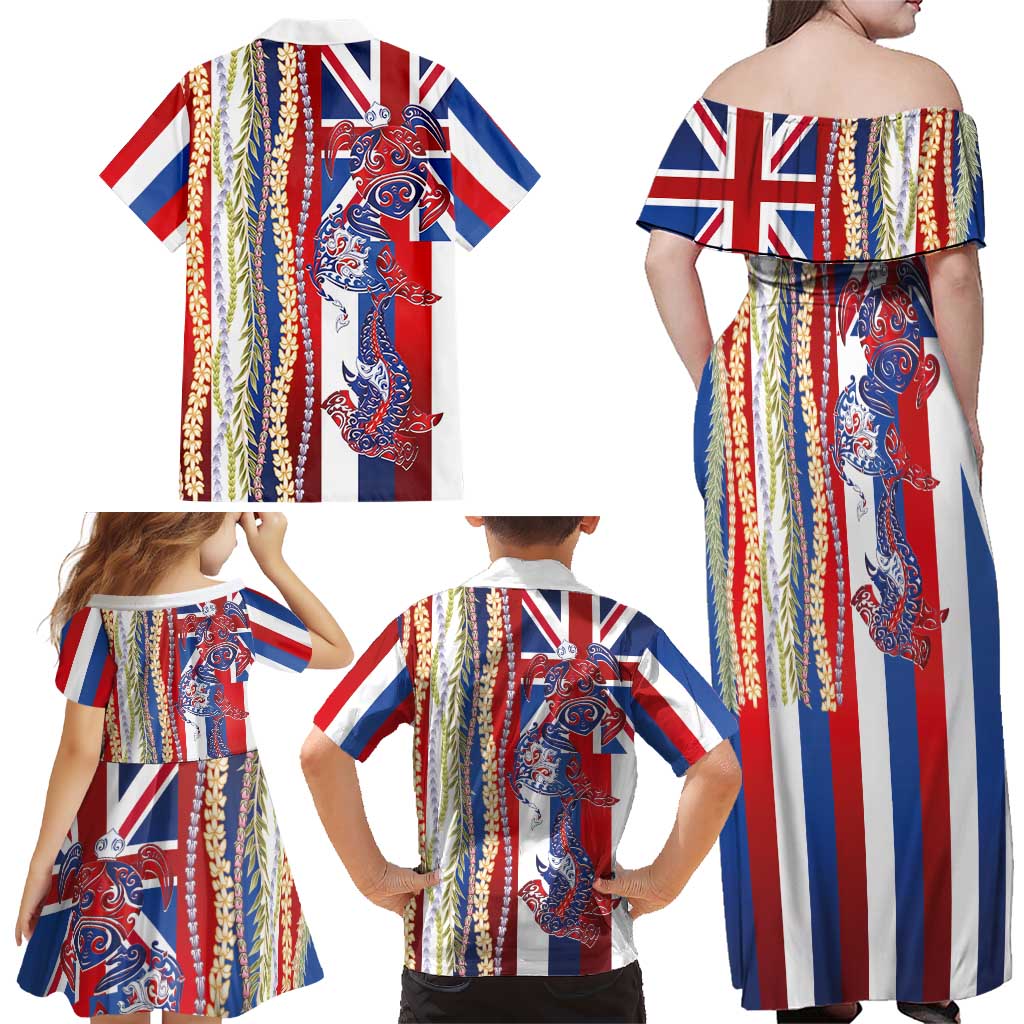 Hawaiian Sea Animals Family Matching Off Shoulder Maxi Dress and Hawaiian Shirt with Lei and Flag Style LT03 - Polynesian Pride