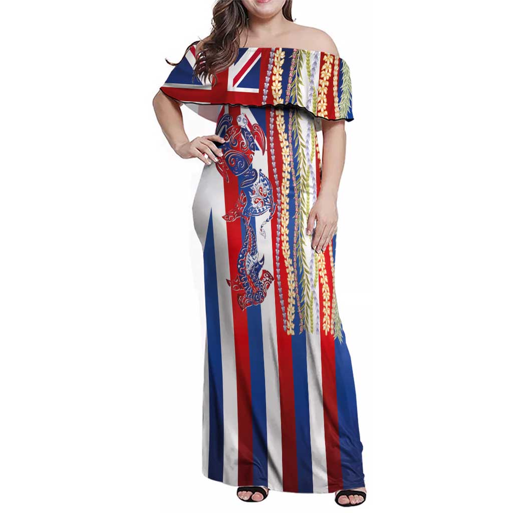 Hawaiian Sea Animals Family Matching Off Shoulder Maxi Dress and Hawaiian Shirt with Lei and Flag Style LT03 Mom's Dress Multicolor - Polynesian Pride