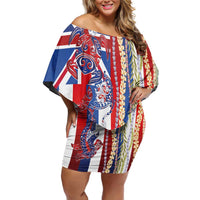 Hawaiian Sea Animals Family Matching Off Shoulder Short Dress and Hawaiian Shirt with Lei and Flag Style LT03 Mom's Dress Multicolor - Polynesian Pride