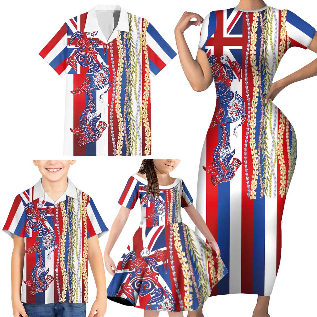 Hawaiian Sea Animals Family Matching Short Sleeve Bodycon Dress and Hawaiian Shirt with Lei and Flag Style LT03 - Polynesian Pride