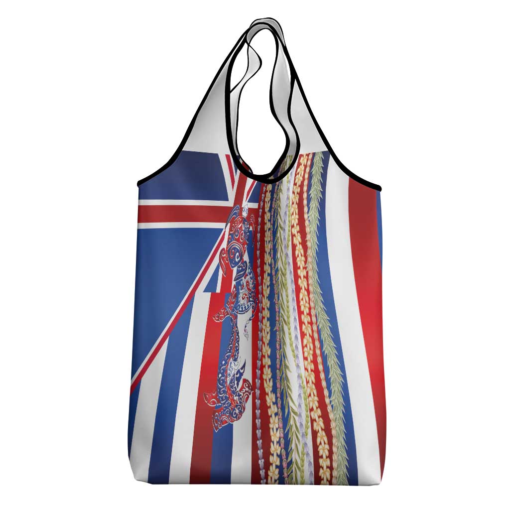Hawaiian Sea Animals Grocery Bag with Lei and Flag Style