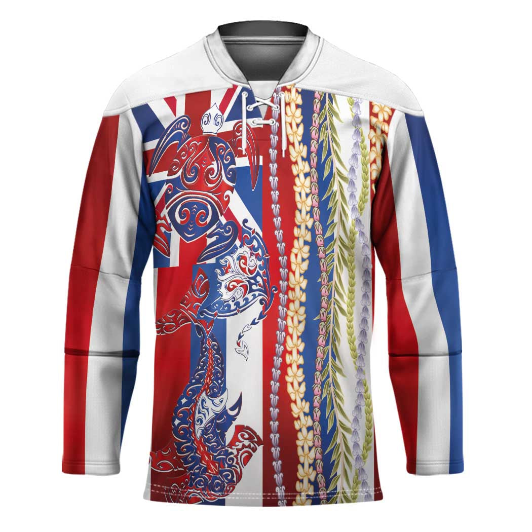 Hawaiian Sea Animals Hockey Jersey with Lei and Flag Style LT03 Unisex Multicolor - Polynesian Pride