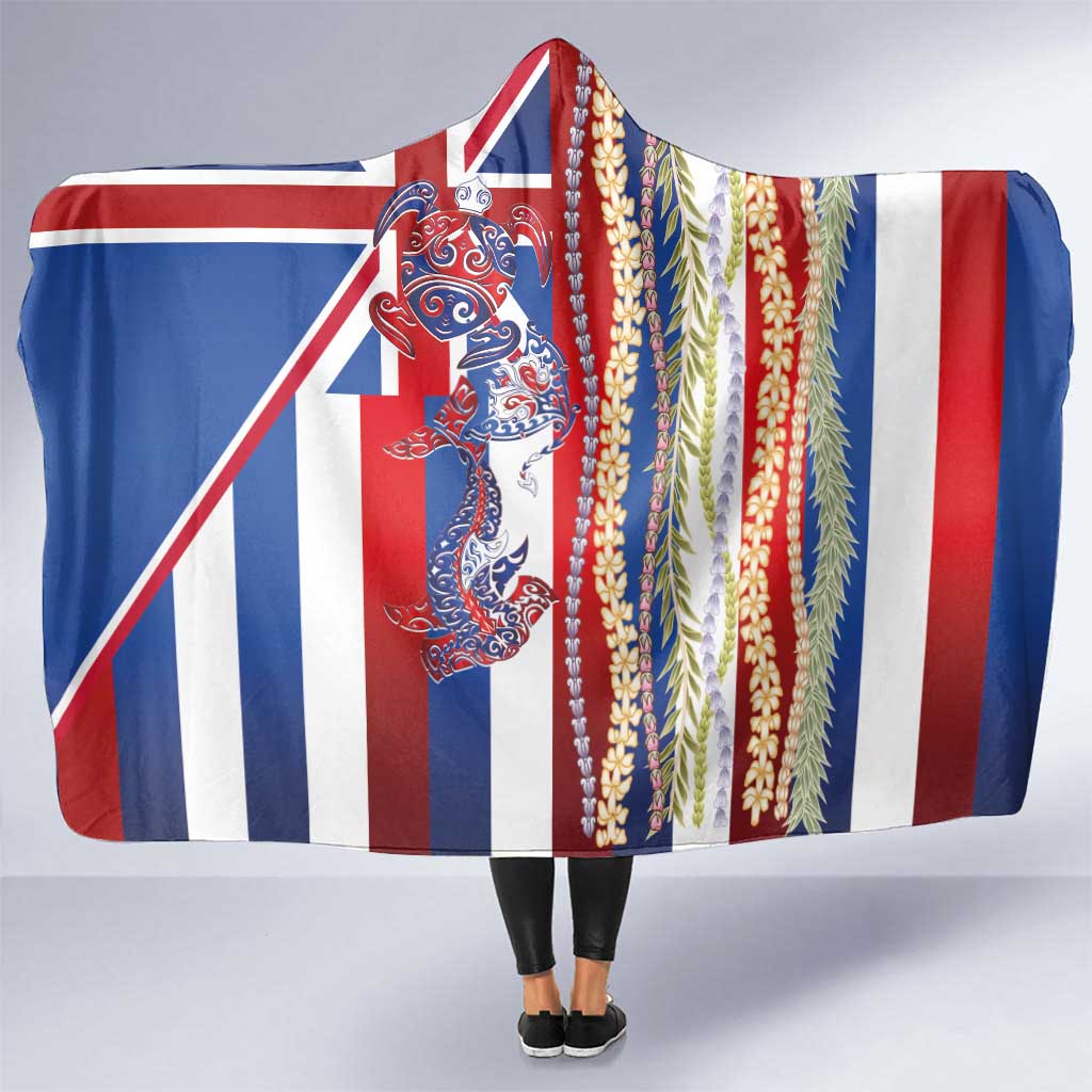 Hawaiian Sea Animals Hooded Blanket with Lei and Flag Style