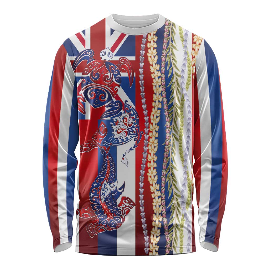 Hawaiian Sea Animals Long Sleeve Shirt with Lei and Flag Style