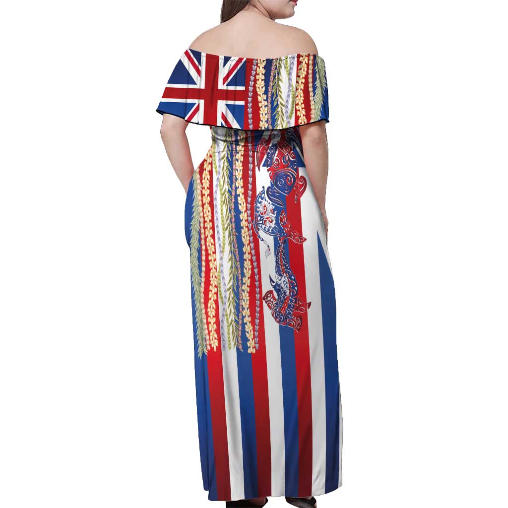 Hawaiian Sea Animals Off Shoulder Maxi Dress with Lei and Flag Style