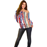 Hawaiian Sea Animals Off Shoulder Sweater with Lei and Flag Style