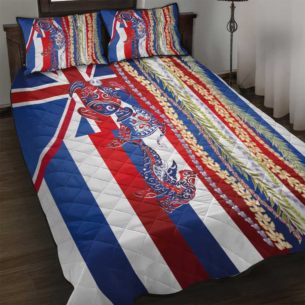 Hawaiian Sea Animals Quilt Bed Set with Lei and Flag Style