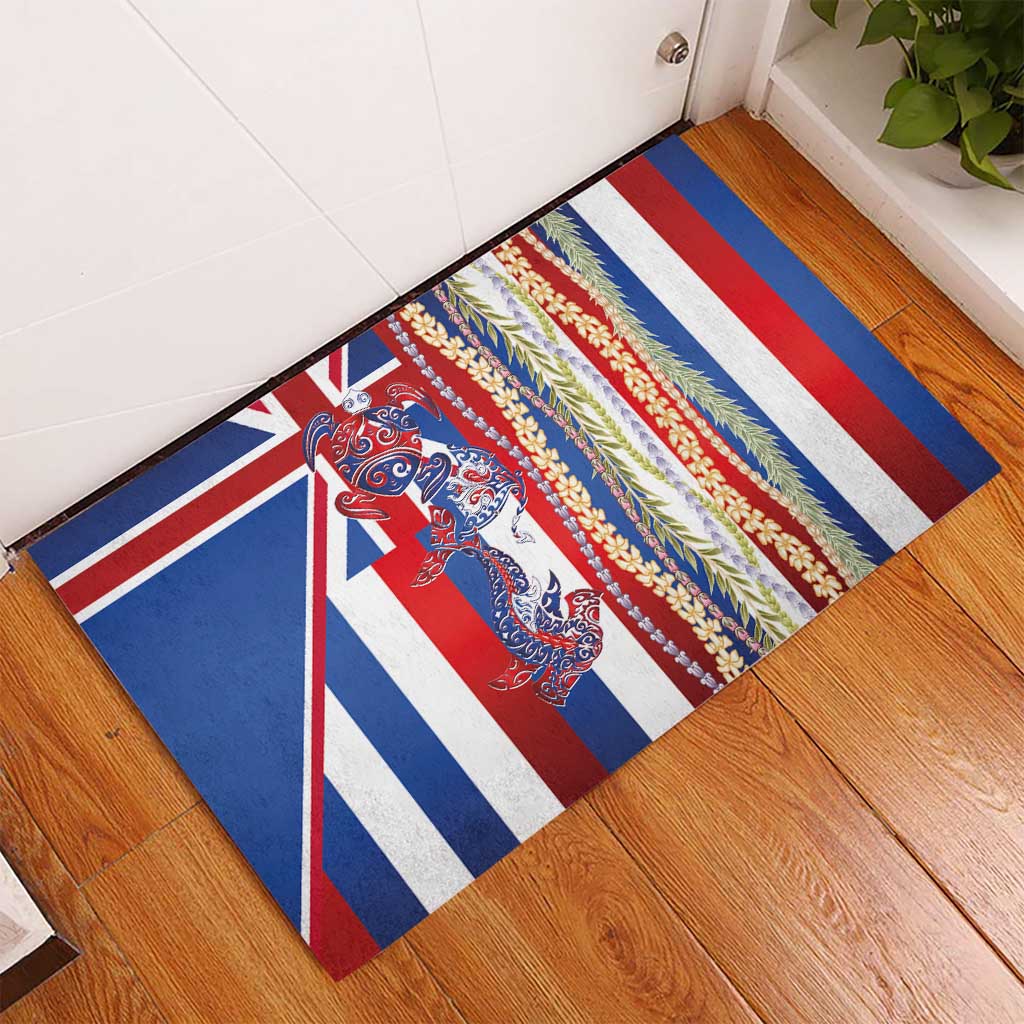 Hawaiian Sea Animals Rubber Doormat with Lei and Flag Style