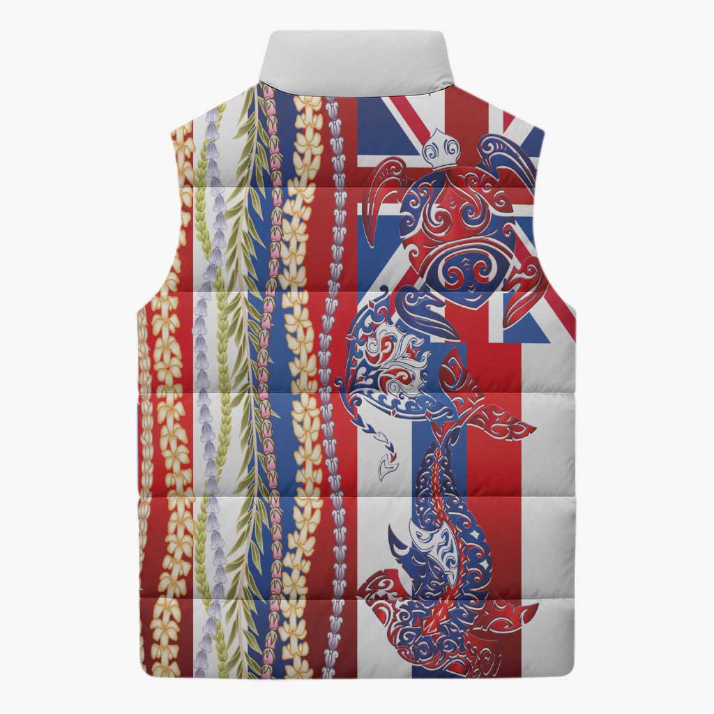 Hawaiian Sea Animals Sleeveless Puffer Jacket with Lei and Flag Style