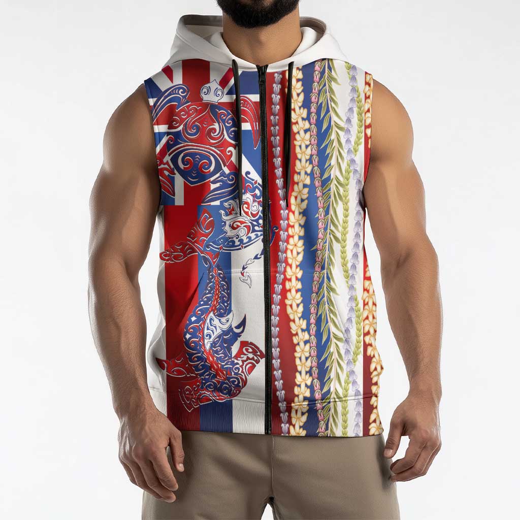 Hawaiian Sea Animals Sleeveless Zip Hoodie with Lei and Flag Style