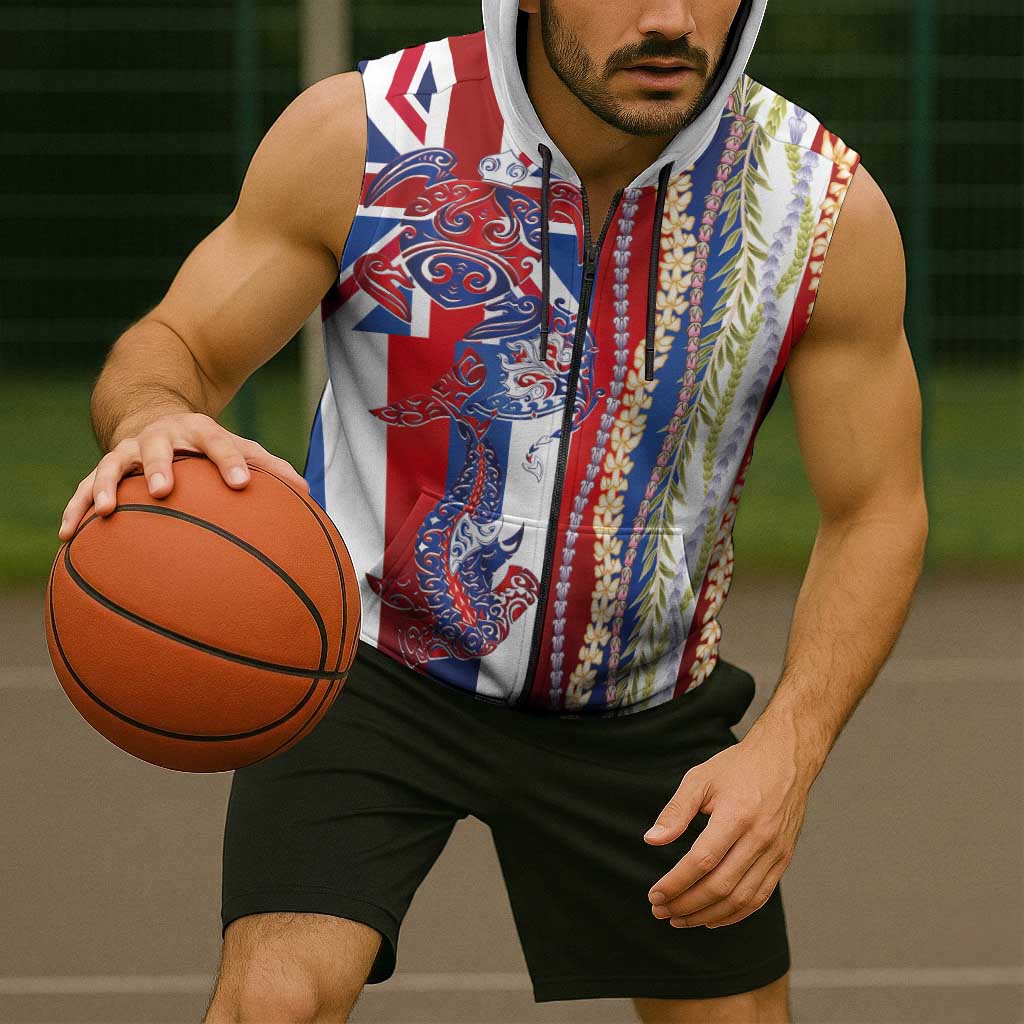 Hawaiian Sea Animals Sleeveless Zip Hoodie with Lei and Flag Style