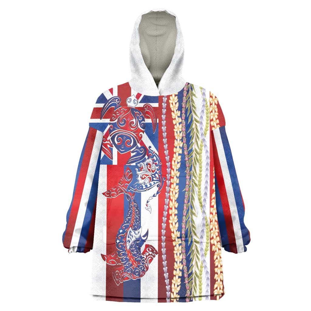 Hawaiian Sea Animals Wearable Blanket Hoodie with Lei and Flag Style