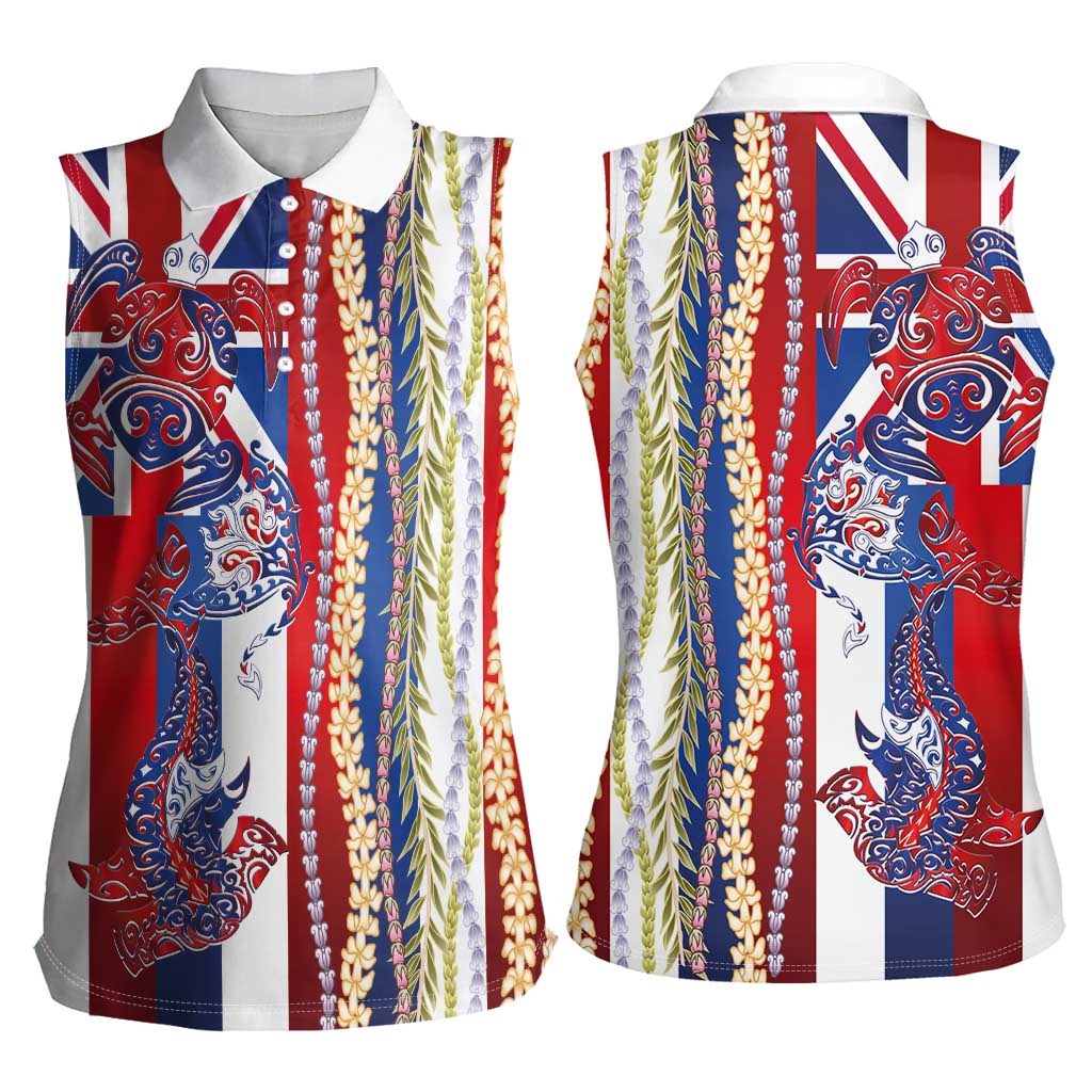 Hawaiian Sea Animals Women Sleeveless Polo Shirt with Lei and Flag Style LT03 - Polynesian Pride