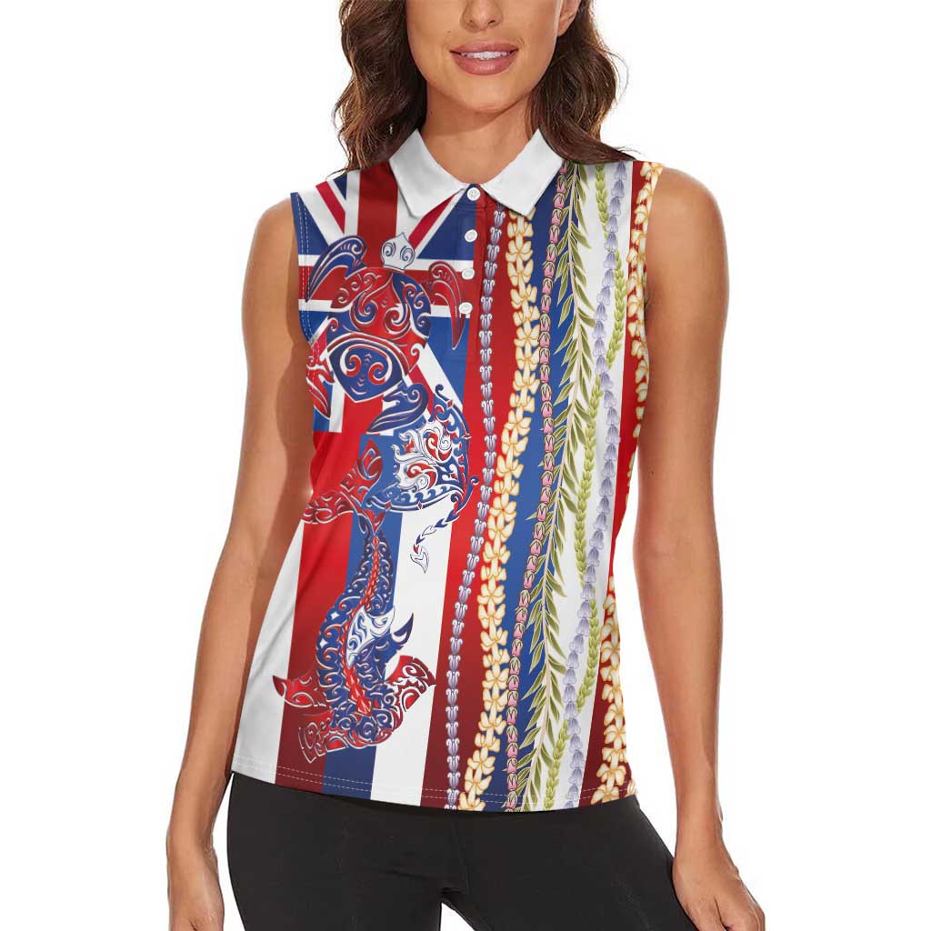 Hawaiian Sea Animals Women Sleeveless Polo Shirt with Lei and Flag Style LT03 - Polynesian Pride