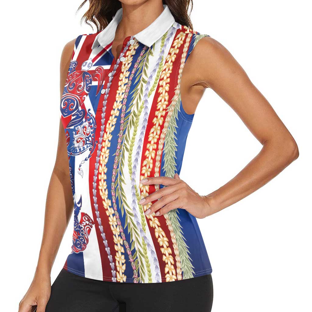 Hawaiian Sea Animals Women Sleeveless Polo Shirt with Lei and Flag Style LT03 - Polynesian Pride