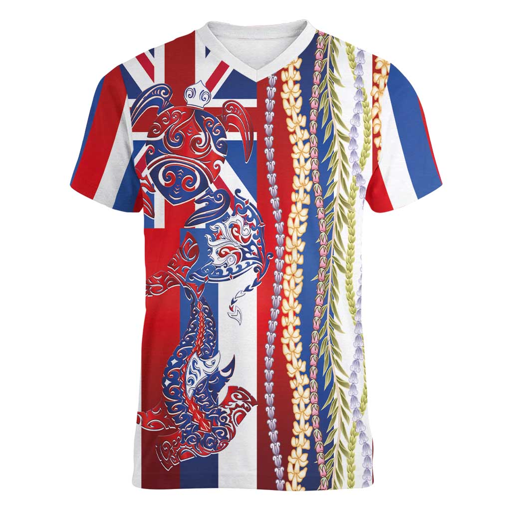 Hawaiian Sea Animals Women V-Neck T-Shirt with Lei and Flag Style LT03 Female Multicolor - Polynesian Pride